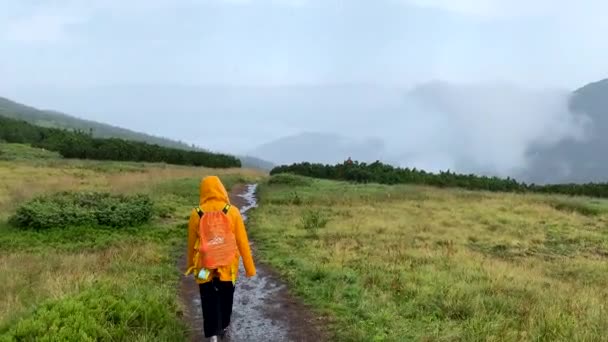 黄色のレインコートを着た女性が岩だらけのトレイルの雨の天気によって降りますウクライナのキャラバン — ストック動画