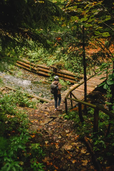 Sorridente Caminhante Mulher Andando Por Floresta Outono Espaço Cópia Estrada — Fotografia de Stock