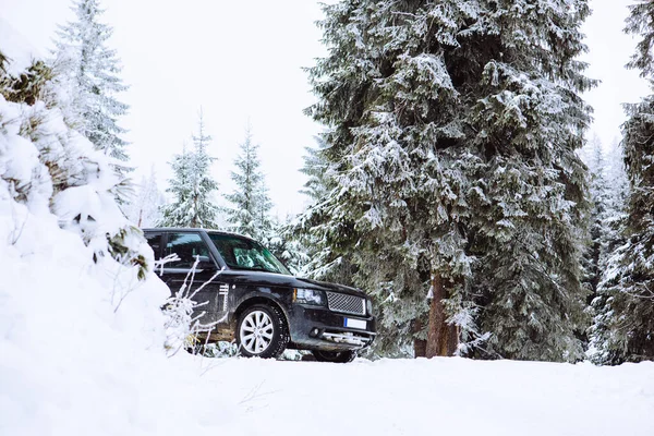 SUV αυτοκίνητο στο χιονισμένο δάσος — Φωτογραφία Αρχείου