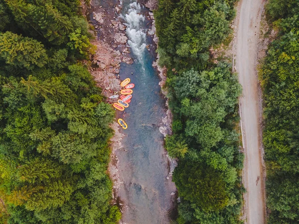 Aerial View Mountain River People Rafting Creek Extreme Vitality — Stock Photo, Image