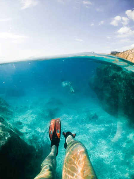 man legs in flippers underwater copy space summer vacation