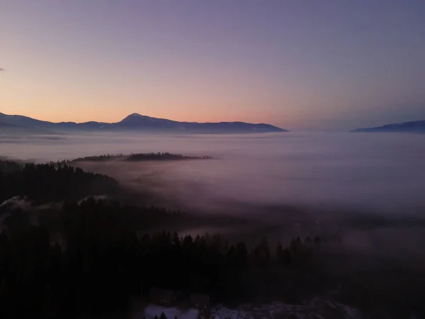 Vista Aérea Del Amanecer Las Montañas Invierno Copiar Espacio — Foto de Stock