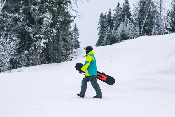 Άνθρωπος Snowboard Περπάτημα Από Χιονισμένο Λόφο Χειμερινές Δραστηριότητες — Φωτογραφία Αρχείου