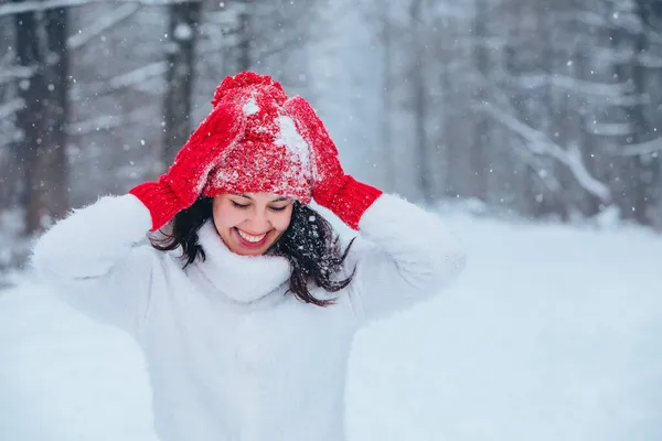 Hermosa Mujer Retrato Aire Libre Espacio Copia Del Bosque Nevado — Foto de Stock