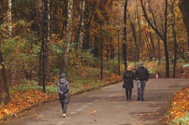 Lviv, Ukrayna - 2 Kasım 2020: İnsanlar sonbahar kenti parkında yürüyorlar.