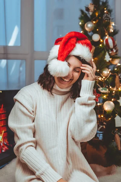 Lviv Ukraine December 2021 Young Pretty Woman Sitting Christmas Tree — Stock Photo, Image