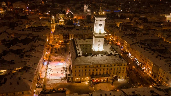 Flygfoto Över Natten Vintern Lviv Centrum Täckt Snö — Stockfoto