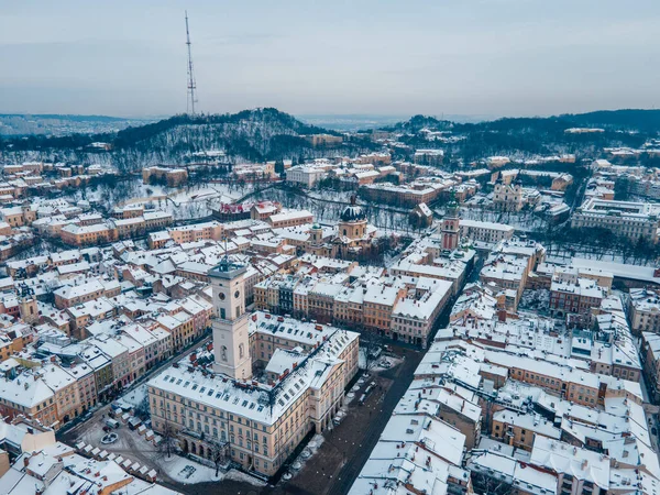 Karlı Lviv Merkezinin Hava Görüntüsü Kopyalama Alanı — Stok fotoğraf