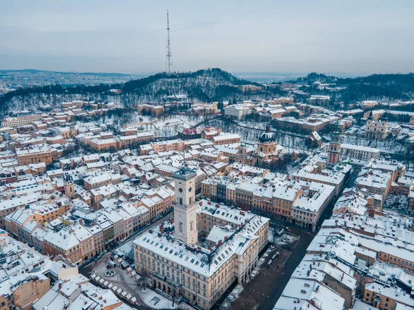 Εναέρια Άποψη Του Χιονισμένου Lviv Κέντρο Αντίγραφο Χώρου — Φωτογραφία Αρχείου