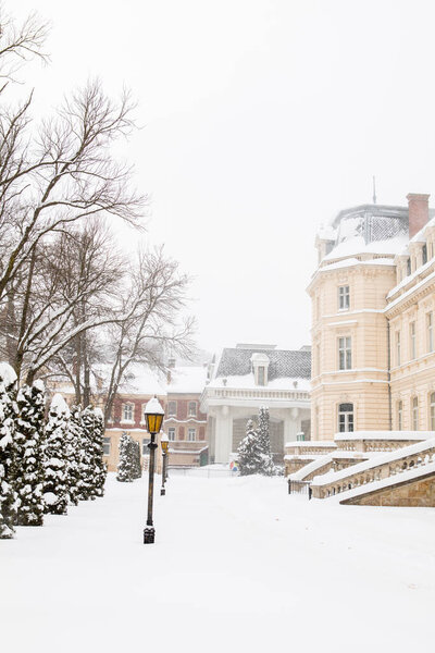 lviv city snow covered streets copy space