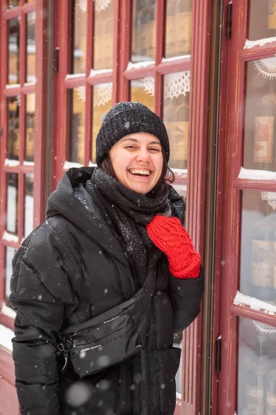 Woman Winter Coat Walking City Street Sidewalk Snowstorm — Stock Photo, Image