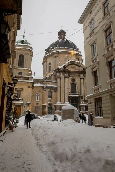 Львов Украина Февраля 2021 Года Улицы Города После Снежной Бури — стоковое фото