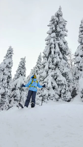 Glimlachende Vrouw Skiër Poeder Dag Kopieerruimte — Stockfoto