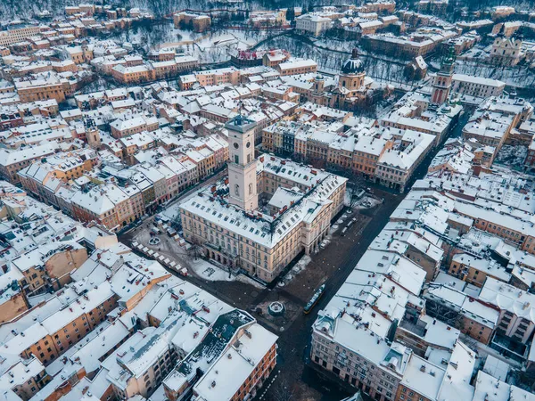 Karlı Lviv Merkezinin Hava Görüntüsü Kopyalama Alanı — Stok fotoğraf