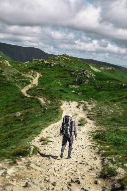 Dağlardaki genç yürüyüşçü. Yaz yürüyüşü yolu. Boşluğu kopyala.