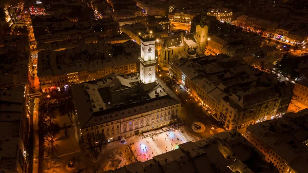 Luftaufnahme Der Nacht Winter Lviv Stadtzentrum Von Schnee Bedeckt — Stockfoto