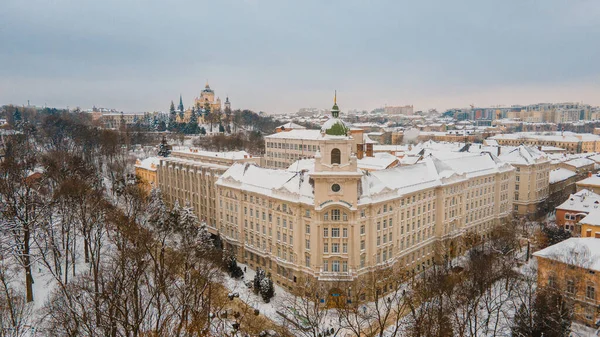 Εναέρια Άποψη Του Χειμώνα Lviv Κέντρο Της Πόλης Αντίγραφο Χώρου — Φωτογραφία Αρχείου