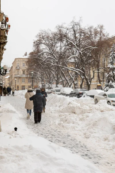 Lviv Ucraina Febbraio 2021 Strade Della Città Dopo Tempesta Neve — Foto Stock
