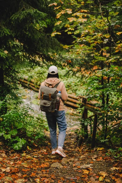 Donna Escursionista Sorridente Piedi Autunno Foresta Strada Spazio Copia — Foto Stock