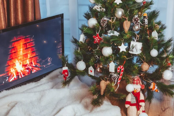Lviv Ukraine December 2021 View Fireplace Screen Christmas Tree Copy — Stock Photo, Image