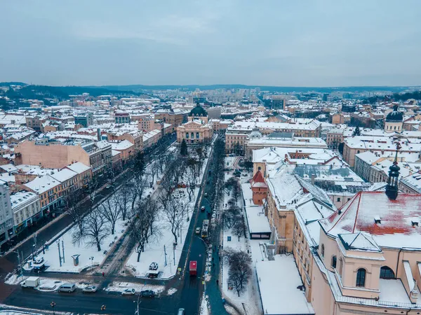 Κεραία Άποψη Του Χιονισμένου Lviv Κέντρο Αντίγραφο Χώρο Όπερα Κτίριο — Φωτογραφία Αρχείου