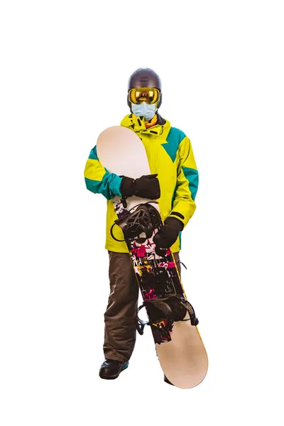 Geïsoleerde Man Ski Uitrusting Met Snowboard Witte Achtergrond — Stockfoto