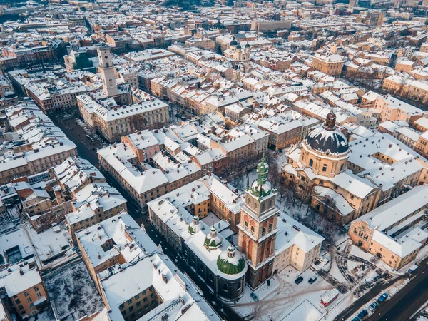 Εναέρια Άποψη Του Χιονισμένου Lviv Κέντρο Αντίγραφο Χώρου — Φωτογραφία Αρχείου