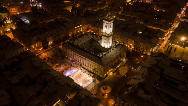 Flygfoto Över Natten Vintern Lviv Centrum Täckt Snö — Stockfoto