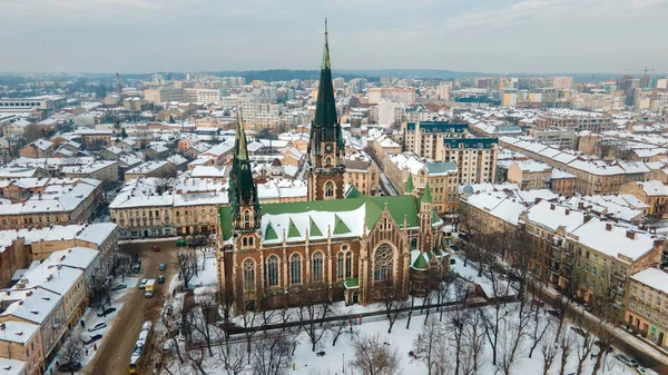 Vue Aérienne Église Elzhbeta Lviv Ville Ukraine Saison Hiver — Photo
