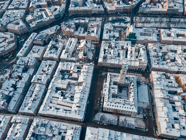 Εναέρια Άποψη Του Χιονισμένου Lviv Κέντρο Αντιγραφή Μπλοκ Χώρο Της — Φωτογραφία Αρχείου