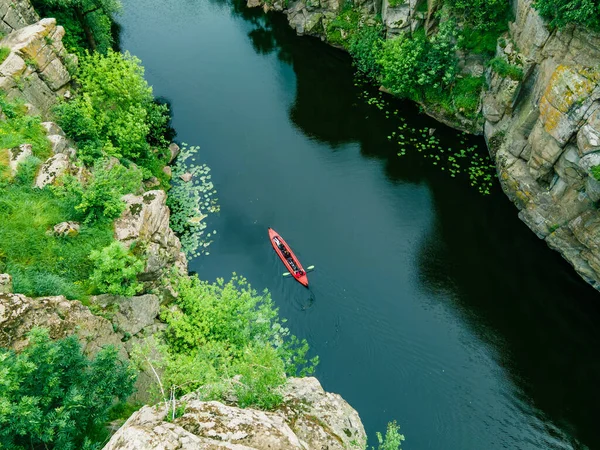 Overhead Top View Kayak Canyon Travel Summertime Activities River — Stock Photo, Image