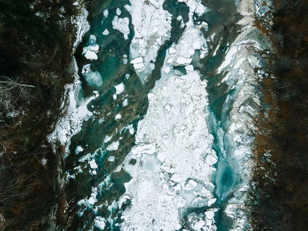 Overhead Top View Frozen Mountains River Creek Copy Space — Stock Photo, Image
