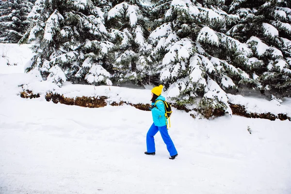 Jovem Mulher Caminhadas Nevado Inverno Floresta Cópia Espaço — Fotografia de Stock