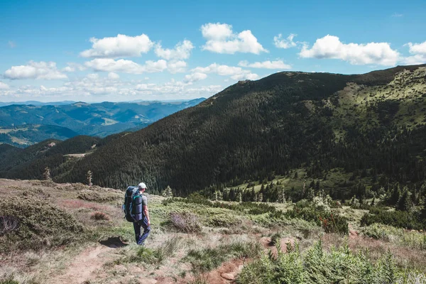 山の中の若いハイカーマン 夏のトレッキングパス コピースペース — ストック写真