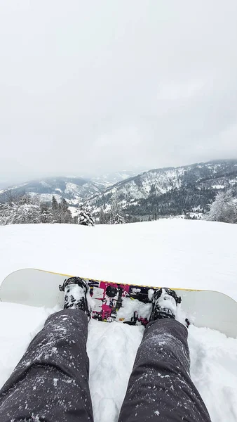 Snowboardos Személy Point View Téli Hegyek — Stock Fotó