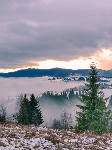 Blick Auf Den Sonnenaufgang Über Den Verschneiten Winterkarpaten — Stockfoto