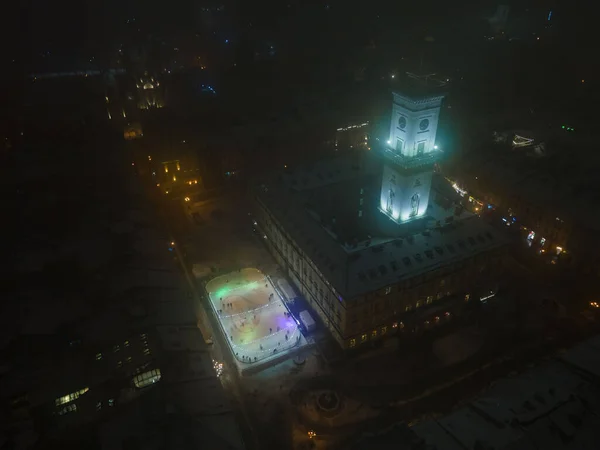 Lviv Ukraine December 2021 Aerial View Night City Center Winter — Stock Fotó