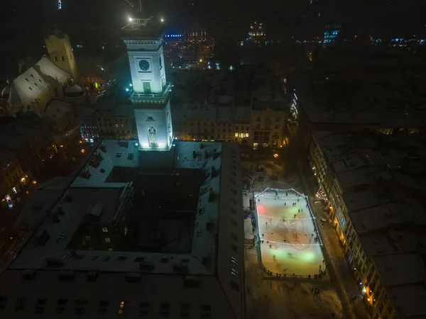 Lviv Ukraine December 2021 Aerial View Night City Center Winter — Zdjęcie stockowe