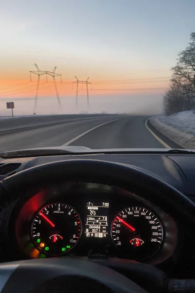 Zonsopgang Winter Weg Kopiëren Ruimte — Stockfoto