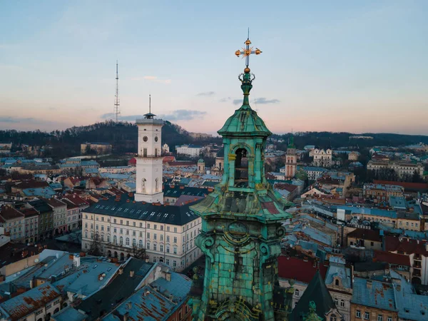 Aerial View Lviv City Center Sunset Travel Concept Copy Space — Stock Photo, Image