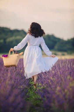 Lavanta tarlasında beyaz elbiseli muhteşem bir kadın.