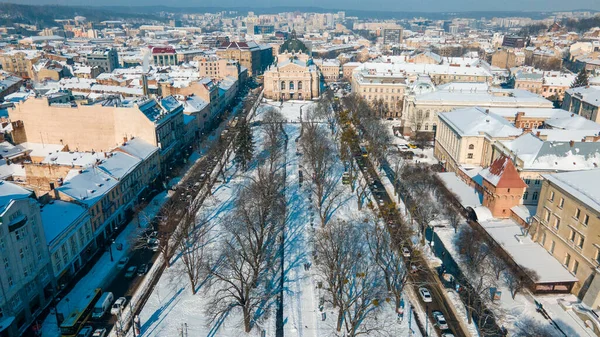 Vue Aérienne Place Ville Face Édifice Opéra Lviv Ensoleillé Jour — Photo