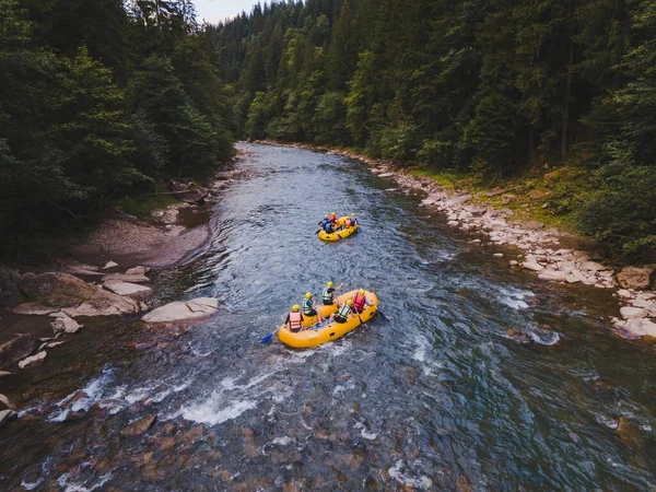 Aerial View Mountain River People Rafting Creek Extreme Vitality — Stock Photo, Image