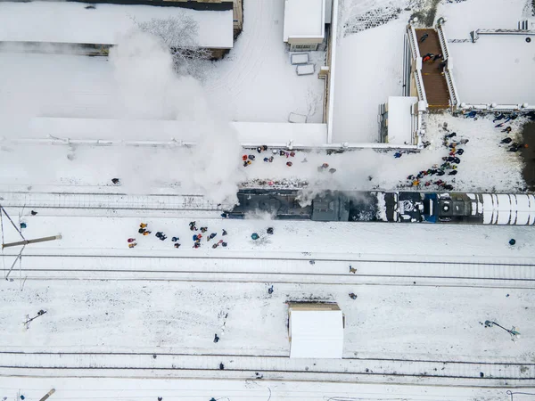 Viejo Tren Retro Vapor Estación Tren Lviv Vista Aérea — Foto de Stock