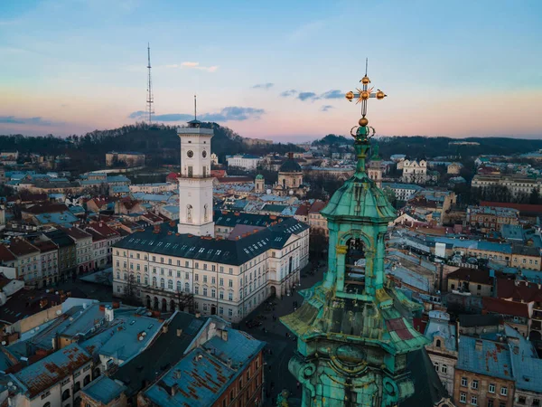 Antenn Syn Lviv Centrum Solnedgång Resor Koncept Kopiera Utrymme — Stockfoto