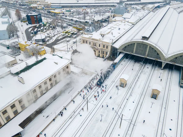 Stary Pociąg Parowy Retro Stacji Kolejowej Lwów Widok Lotu Ptaka — Zdjęcie stockowe