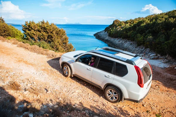 Coche Viaje Concepto Mar Vacaciones Grecia Salvaje Playa — Foto de Stock