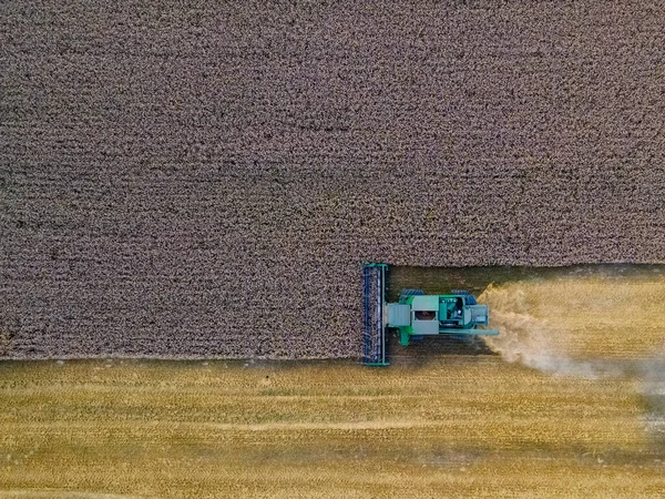 Bovenaanzicht Van Oogsttijd Landbouwveldtrekker — Stockfoto