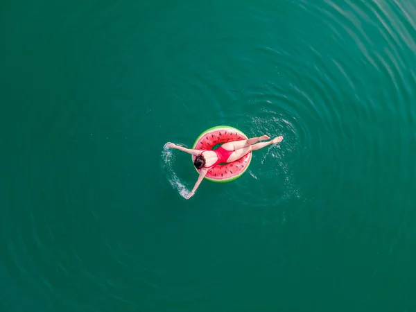 Young Happy Woman Floating Blue Azure Water Inflatable Ring Circle — Stock Photo, Image