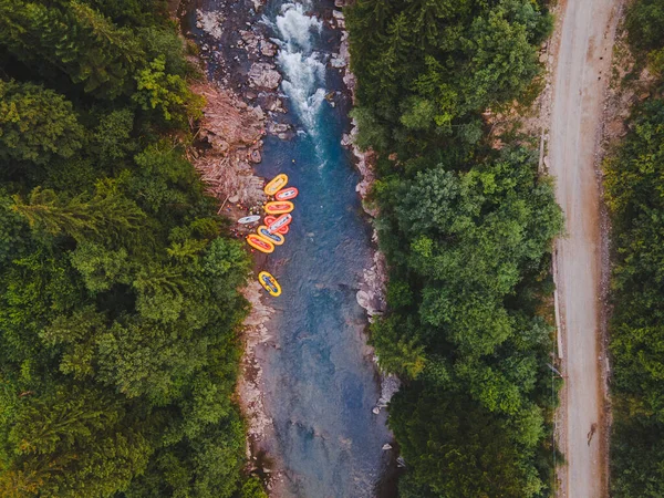 Aerial View Mountain River People Rafting Creek Extreme Vitality — Stock Photo, Image